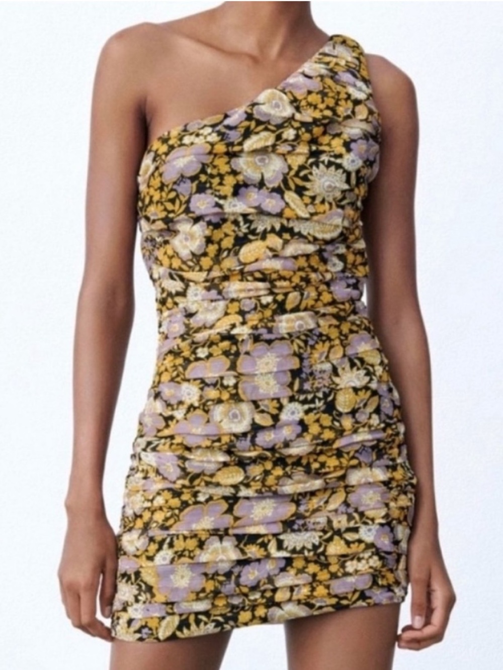 ZARA Single Shoulder Floral Ruched Gathered Mini Dress XS